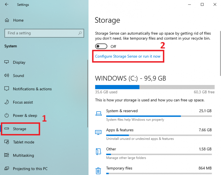 Bước 1 và 2 để tự động xóa rác trên Windows 10 bản mới 